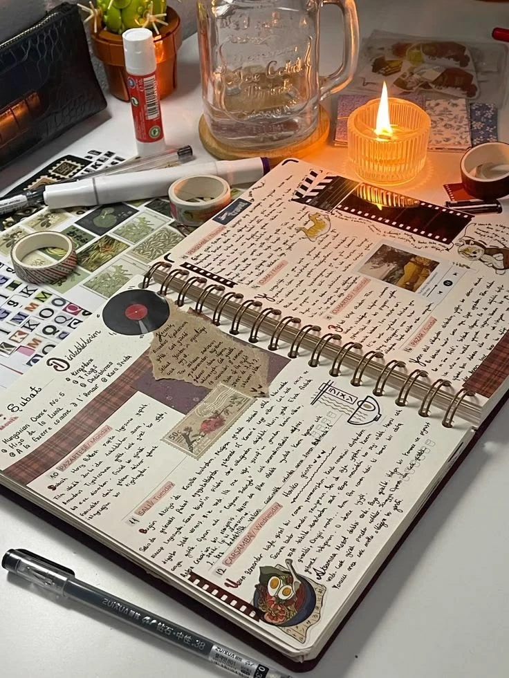 Uno de los aspectos más interesantes del journaling es que no se limita únicamente a las palabras. Muchas personas transforman sus páginas en pequeños collages llenos de recuerdos.