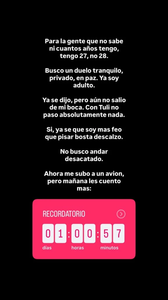 El cantante publicó una imagen en sus historias de Instagram sobre un fondo negro y con letras blancas.