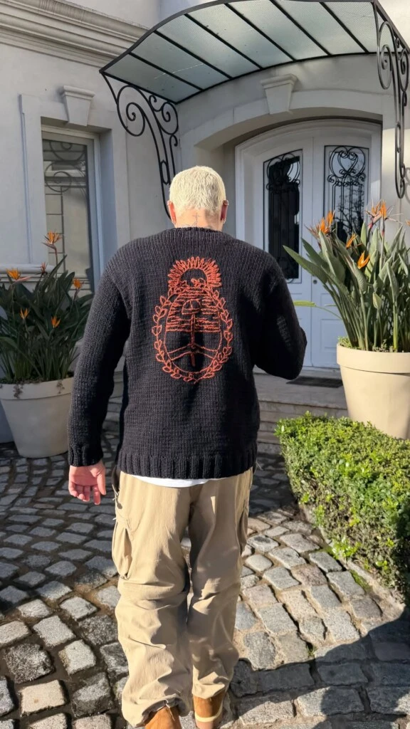 Icardi eligió un sweater de punto grueso en color negro, de calce amplio y espíritu relajado. La prenda tiene una estética urbana y casual, pero suma un detalle que la transforma por completo.