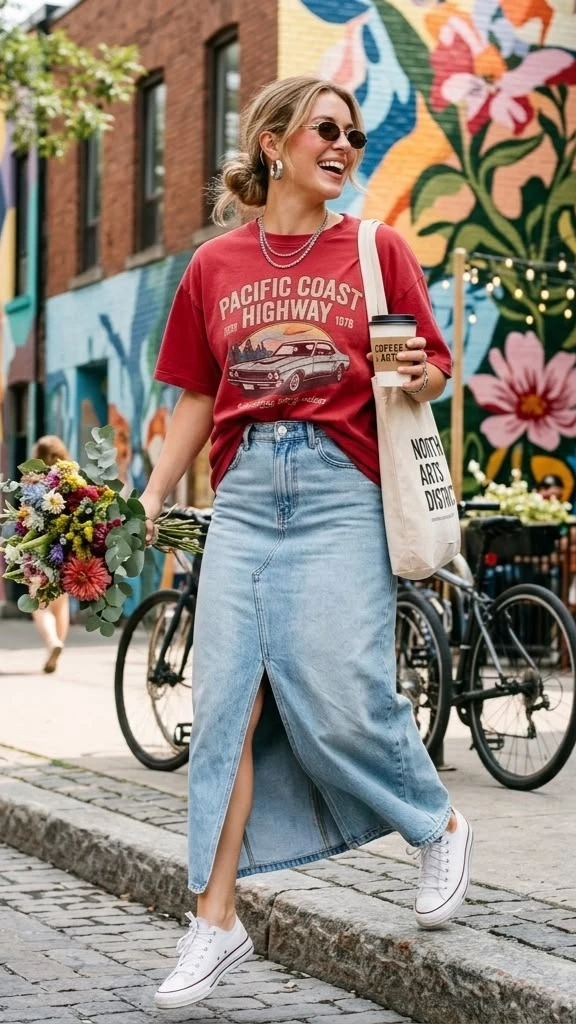 La falda de jean larga vuelve y estos 9 looks lo confirman